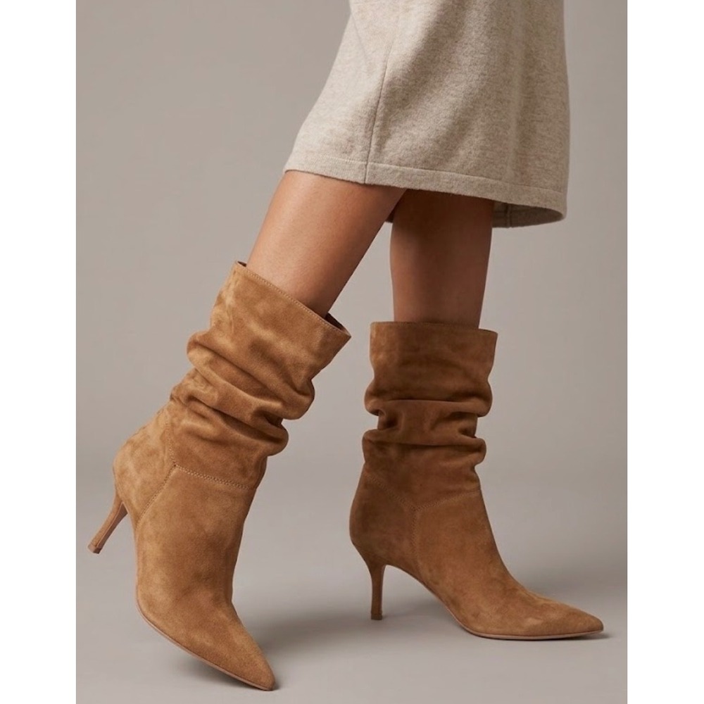Nine West Tan Faux Suede Slouchy Pointed Toe Kitten Heel Boots Size 6M